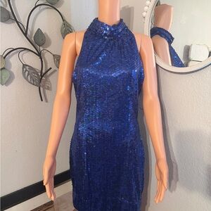 Blue Sequin Halter Mini Dress